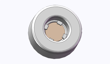 Swaging - After installation of the filter media (shown in orange), the tabs are swaged to capture the filter media in place.