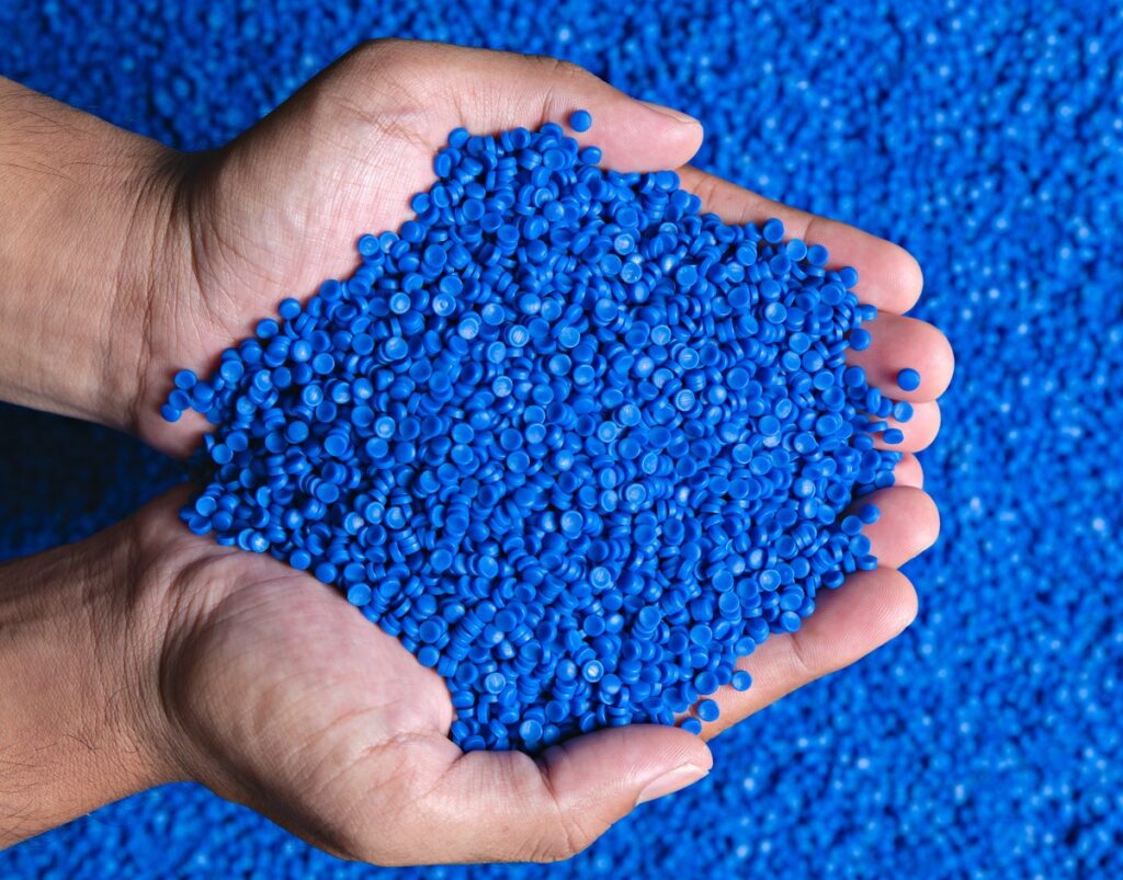 Blue plastic pellets for use in prototype injection molding